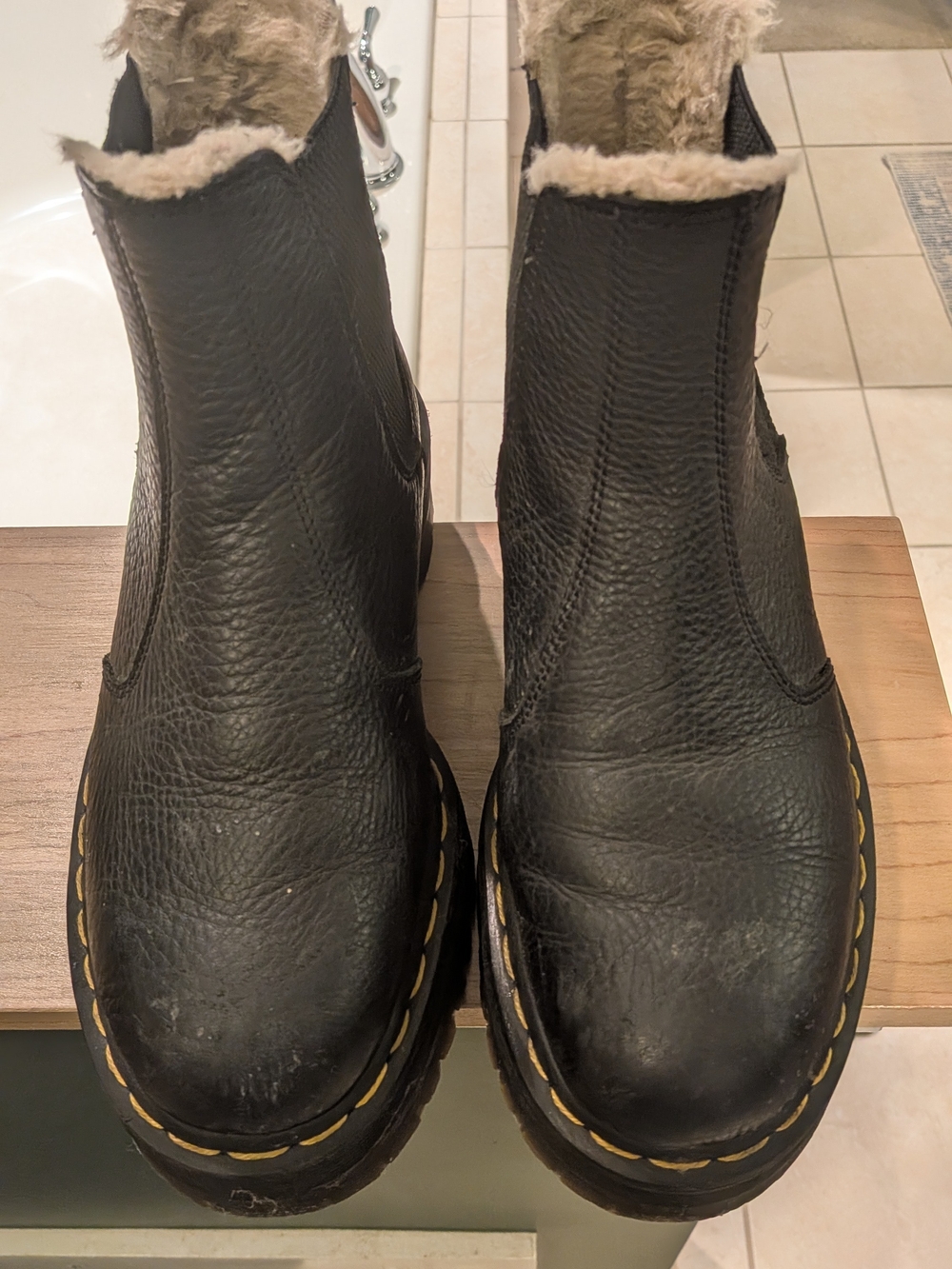 Dr. Martens Black Leather Fleece-Lined Chukka Boots with Yellow Stitching